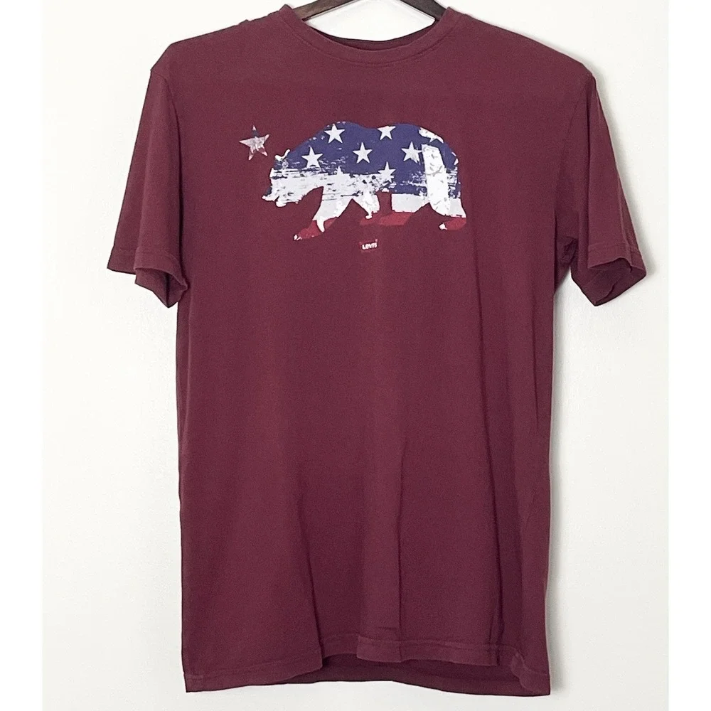 Levi's California Bear T-Shirt Men's Small Maroon Graphic Tee Heritage Americana